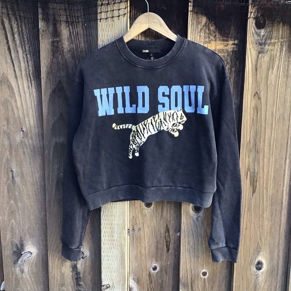 Maje Wild Soul Tiger Embroidered Sequin Cropped Sweatshirt Black Size 2